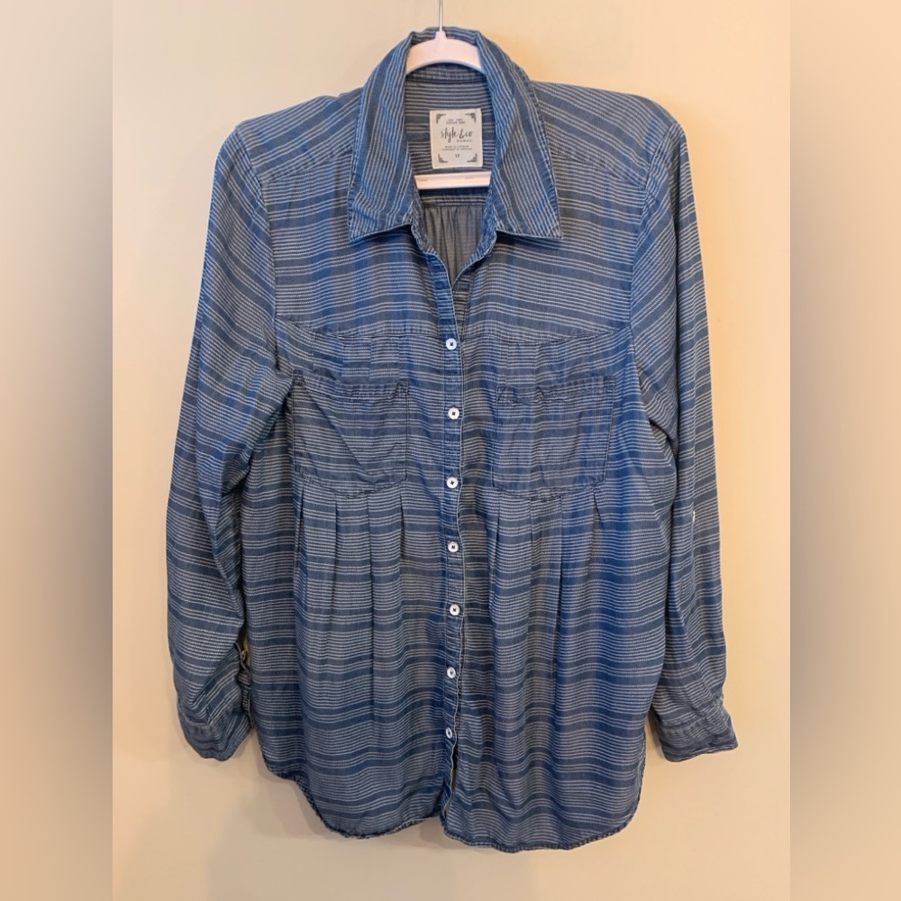STYLE & CO Blue Lyocell Striped Button-Up Shirt